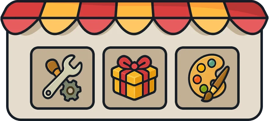 Cartoon storefront with tools, gifts and art supplies under a striped awning